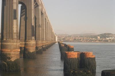 Tay rail bridge, Dundee Scotland with stumps of old bridge at right