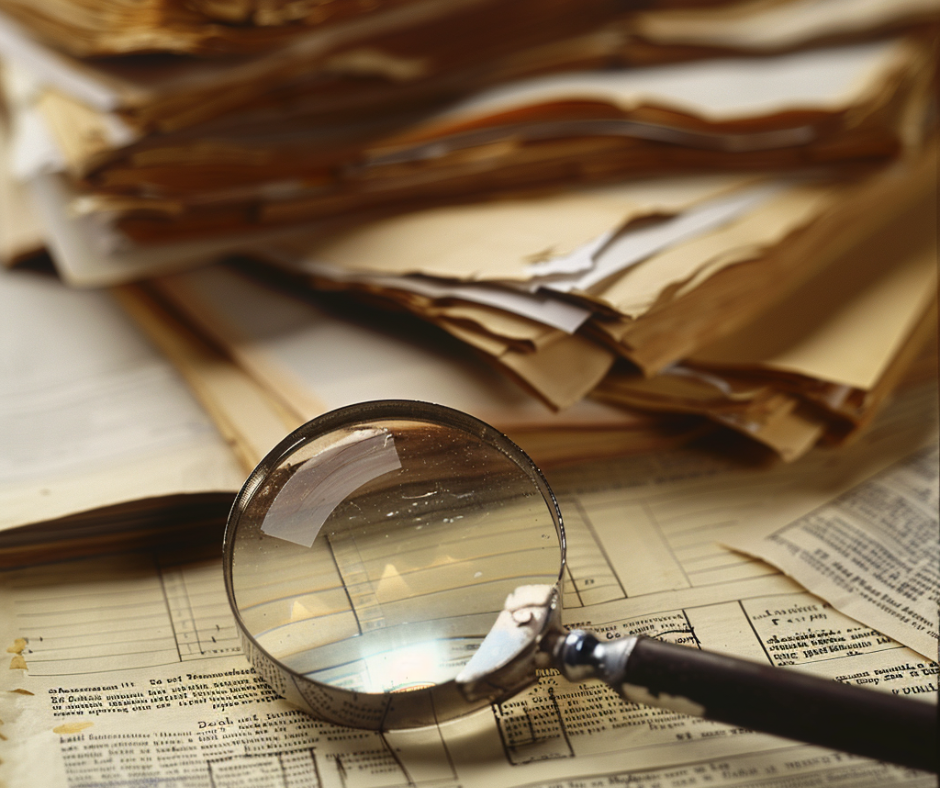 a magnifying glass sitting on top of a pile of documents